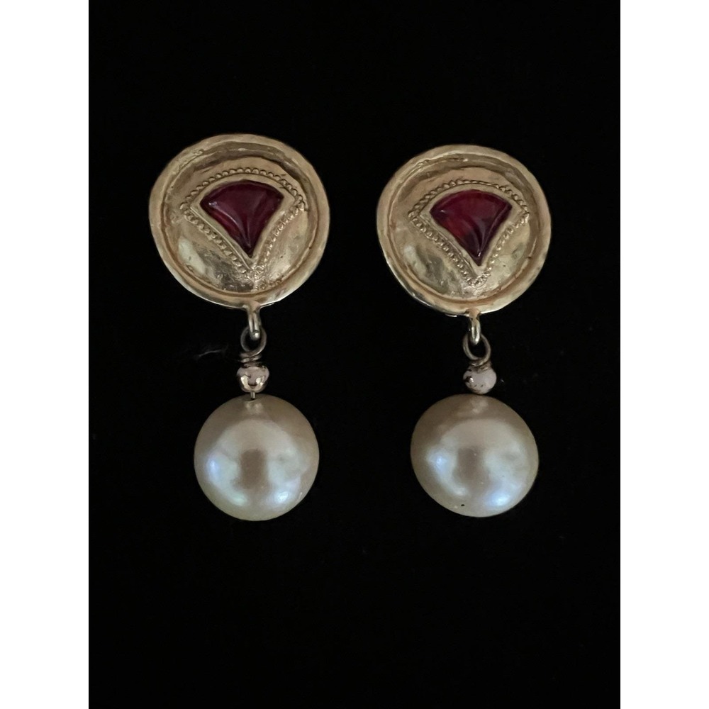 Les Bernard Vintage‎ Gold Red Glass Faux Pearl Clip On Earrings  2.25" Regency